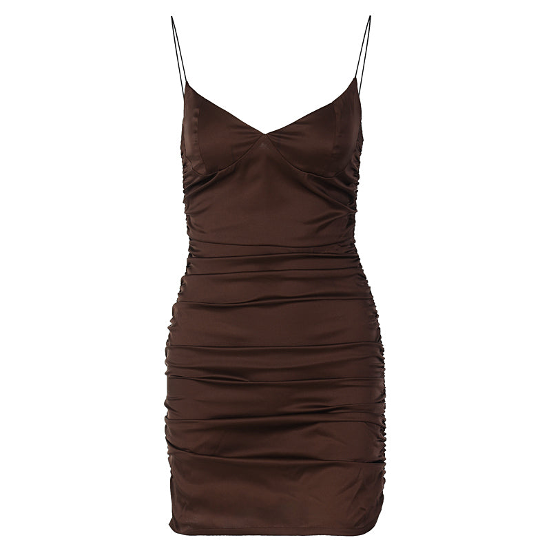 woloong  Slip Invisible Zipper Skinny Slit Pleated Mini Dress  Solid Bodycon Sexy Streetwear Evening Party Club Elegant