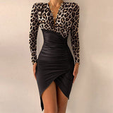 Elegant Dresses For Women V Neck Leopard Stitching Print Sexy Dress Women Autumn High Waist Slim Office Ladies Dress