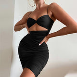 woloong Pure Color Slip Sleeveless Hollow Out Pleated Mini Dress Summer Fall Bodycon Sexy Party Club Elegant Y2K