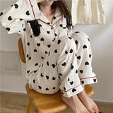 Woloong  Cotton Pajamas for Women Korean Sleepwear Heart Print Pijama Female Set Woman 2 Pieces Nightwear Autumn Pyjama Long Sleeve