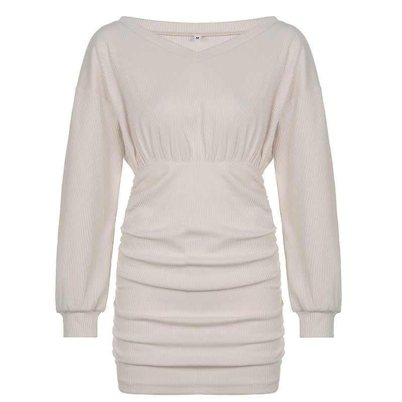 woloong  Solid V Neck Ruched Women Mini Dress Autumn Winter Knitting Folds Sexy Party Dresses Ladies Elegant Knitwear Vintage