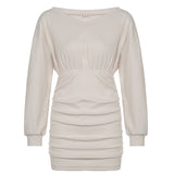 woloong  Solid V Neck Ruched Women Mini Dress Autumn Winter Knitting Folds Sexy Party Dresses Ladies Elegant Knitwear Vintage