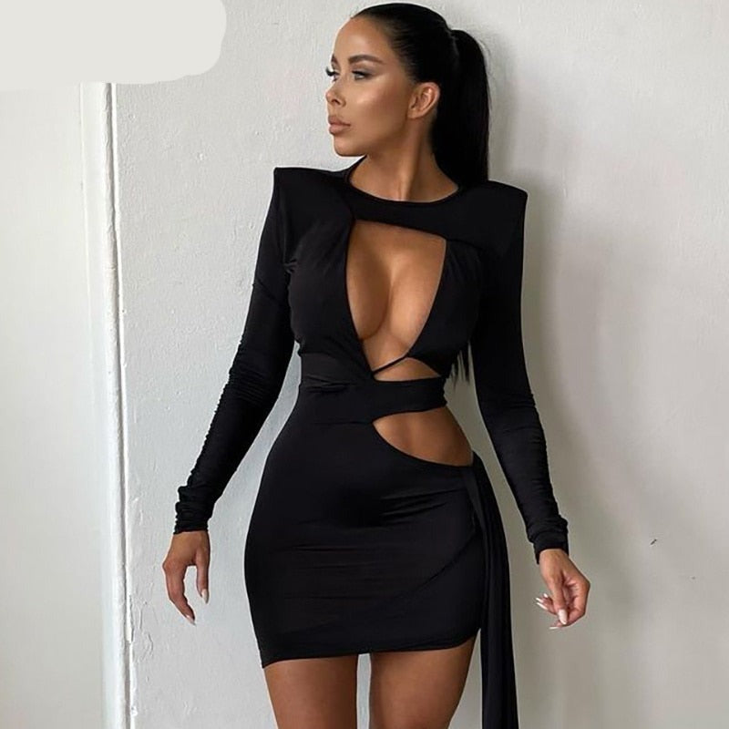 woloong  Women Fall Fashion Bodycon Folds Solid Long Sleeve Hollow Out String Mini Dress Female Clothing Streetwear Y2K
