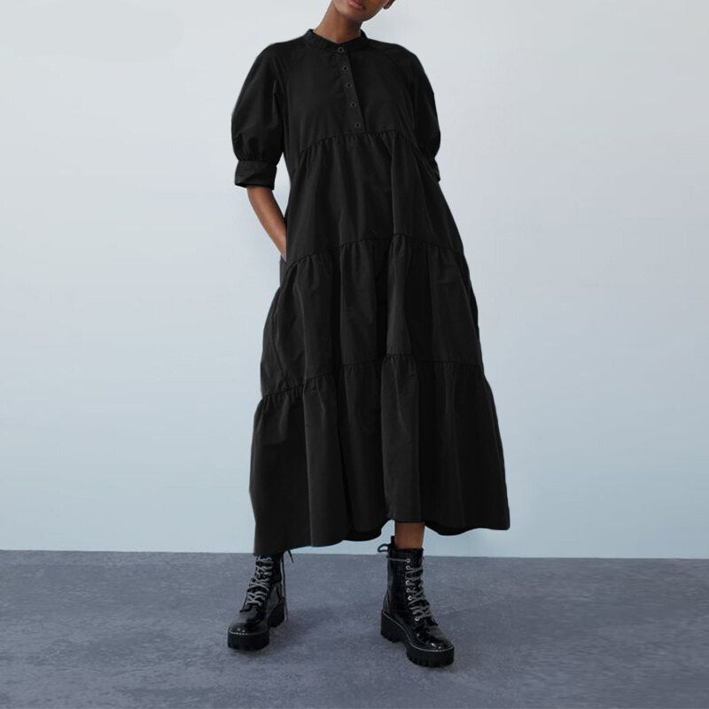 Women Dress  Autumn Turn Down Neck Long Lantern Sleeve Dresses  Bohemain Vestidos Knee-Length Sundress