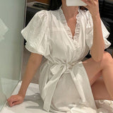 Ruffles Summer Nightgown Blue White Elegant Long Sleepwear Sweet Korean Cotton Home Clothes Homewear Lace Up Puff Sleeve