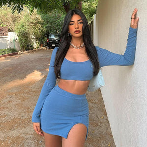 woloong   Long Sleeves Solid Navel Low Neck Bodycon Top Sexy Mini Dress Set Summer Women Fashion Streetwear Outfits Y2K