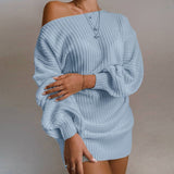 Aieru Women's Autumn and Winter New Knitted Sweater Dresses Casual Off Shoulder Lantern Sleeve Knitted Sweater Skirts Pull Femme 18045
