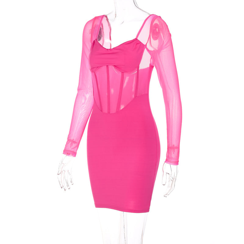 woloong  Solid With Integrated Corset Long See Through Sleeves Sexy Mini Dress  Fall Party Club Elegant Streetwear Outfit