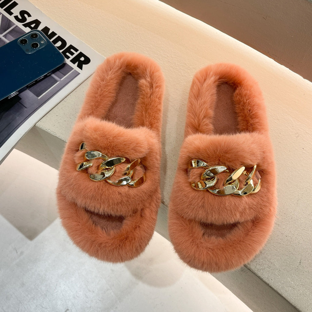 woloong  Women Fashion Metal Chain Warm Fluffy Slippers Cozy Faux Fur  Indoor Floor Outdoor Slides Flat Soft Furry Ladies Celebrities Fli