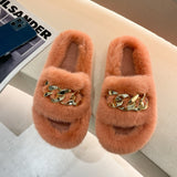 woloong  Women Fashion Metal Chain Warm Fluffy Slippers Cozy Faux Fur  Indoor Floor Outdoor Slides Flat Soft Furry Ladies Celebrities Fli