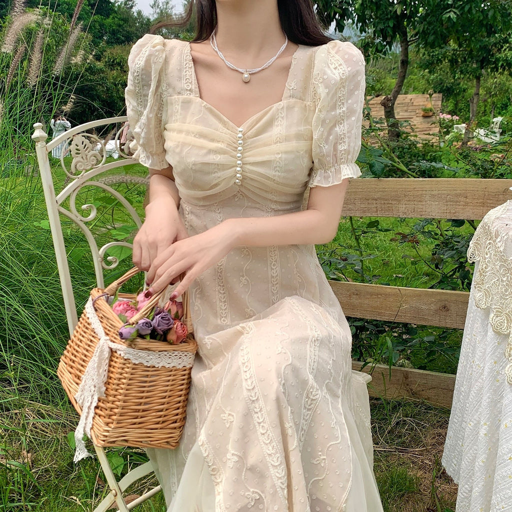French Vinatge Midi Dresses Women Casual Short Sleeve Elegant Sweet Dress Female Party One Piece Dress Korean Fahion Summer