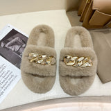 woloong  Women Fashion Metal Chain Warm Fluffy Slippers Cozy Faux Fur  Indoor Floor Outdoor Slides Flat Soft Furry Ladies Celebrities Fli