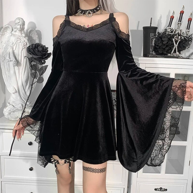 Goth Sexy Flare Sleeve Black Dress Y2K Harajuku High Waist A Line Mini Dresses Off Shoulder Punk Halloween Autumn Dress
