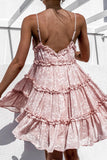 Spaghetti Strap Floral Sundress Women Lace Trim Mini A-Line Dress Summer Prairie Chic Lady Flared Ruffled Short Dress Summer