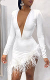 Woloong  Women Solid Long Sleeve Feather Mesh Stitching Slim Sexy V-Neck Dress Fall Winter Elegant Party Streetwear