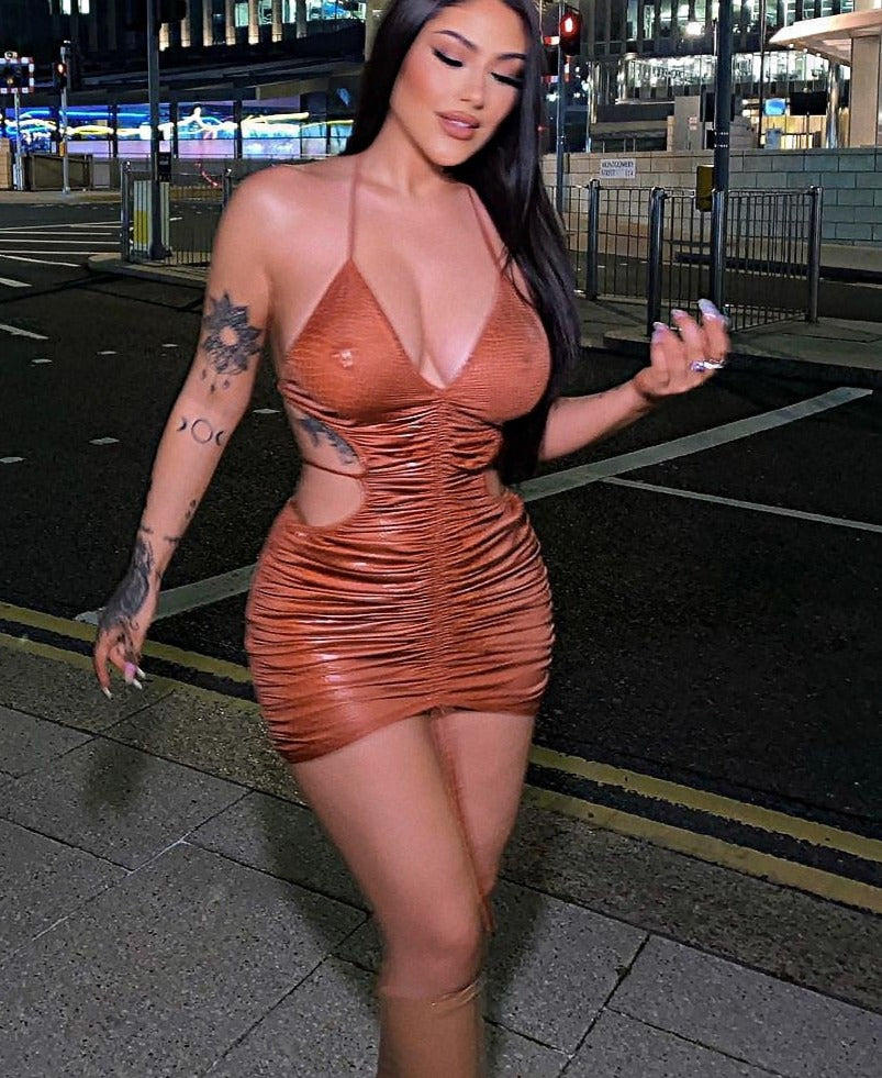 Solid Satin Sleeveless Backless Halter Slim Hollow Out Pleated Bodycon Sexy Mini Dress Fall Women Elegant Party