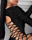 woloong Black Long Sleeve Sexy Lady Lace Up Bandage Bodycon Slim Hollow Out Dresses Glitter Sequins Party Night Club Summer Mini Dress