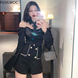 Woloong Spring Women Fashion Off Shoulder Crop Tops Blusas Bling Beading Black Shirts Stand Collar Sexy Short Blouses