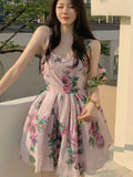 Spaghetti Strap Dress Summer Blooming Floral Print Ruffles Mini Slip Dress Women Chic  Lady Sleeveless Beach Dress Sundress