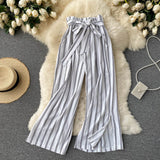 Woloong Summer New Fashion All-match Women's Casual Pants Retro Striped Color Slim Long Slit Wide Leg Pants DK1053