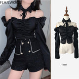 Woloong Spring Women Fashion Off Shoulder Crop Tops Blusas Bling Beading Black Shirts Stand Collar Sexy Short Blouses