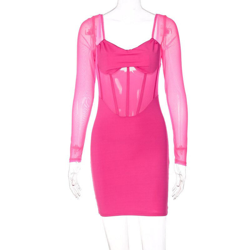 woloong  Solid With Integrated Corset Long See Through Sleeves Sexy Mini Dress  Fall Party Club Elegant Streetwear Outfit