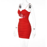 woloong Pure Color Slip Sleeveless Hollow Out Pleated Mini Dress Summer Fall Bodycon Sexy Party Club Elegant Y2K