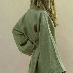 Women's V-Neck Kimono Cardigan Mini Dress Cotton Linen Long Sleeve Sashes Dresses Robe Style Lace Up Summer Loose