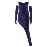 woloong Velvet Off Shoulder With Gloves Irregular Mini Dress Solid Fall Bodycon Evening Party Elegant Vestido