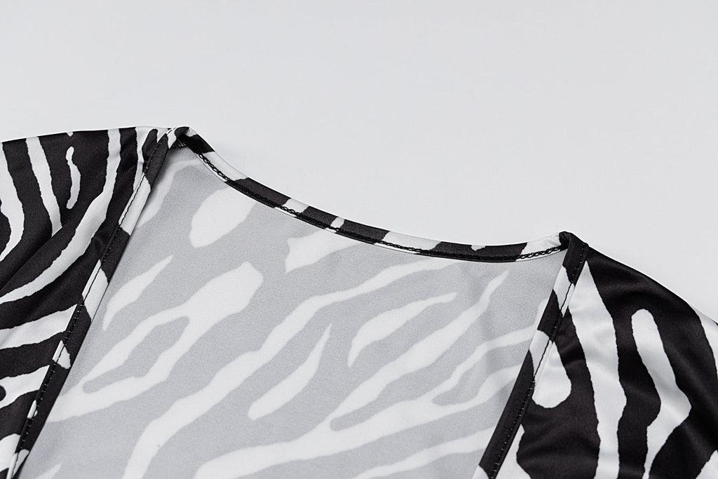 woloong Zebra Print Long Sleeve V-Neck Bandage Sexy Mini Dress Autumn Winter Women Fashion Streetwear Outfits Party Wear