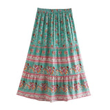 Bohemia Floral Print Long Skirt Turquoise Spliced Ruched Ruffle Hem Hippie Women Adjust Stream Waist Swing Skirts Holiday Beach