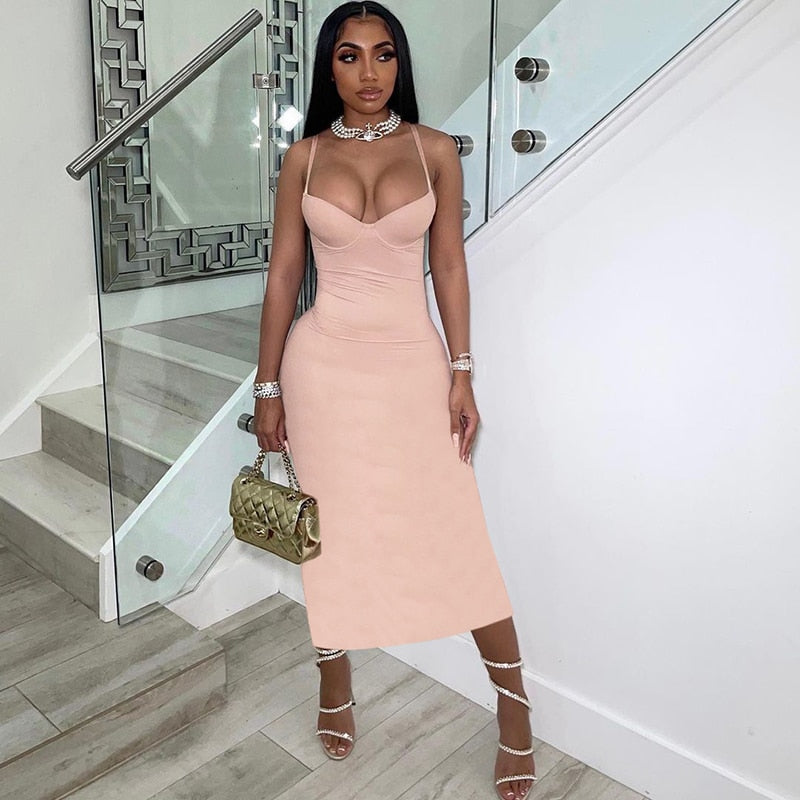 Dress Women Sexy Spahgetti Strap Solid Elegant Maxi  Low Neck Body-Shaping Cleavage Skirt Party Clubwear Female Vestidos