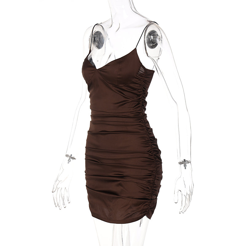 woloong  Slip Invisible Zipper Skinny Slit Pleated Mini Dress  Solid Bodycon Sexy Streetwear Evening Party Club Elegant