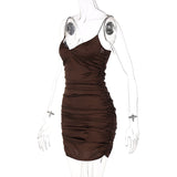 woloong  Slip Invisible Zipper Skinny Slit Pleated Mini Dress  Solid Bodycon Sexy Streetwear Evening Party Club Elegant