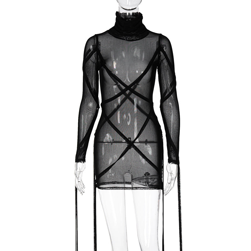 woloong Long Sleeve Mesh See-Through Bandage Sexy Mini Dress Summer Women Streetwear Outfits Y2K Chic Party Club Clothing