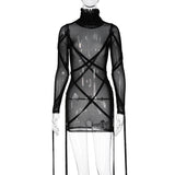 woloong Long Sleeve Mesh See-Through Bandage Sexy Mini Dress Summer Women Streetwear Outfits Y2K Chic Party Club Clothing