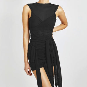 Mesh See Through Bodycon Party Dresses Women Sexy Clubwear Mini Dress Solid Sleeveless Basic Female Outfits