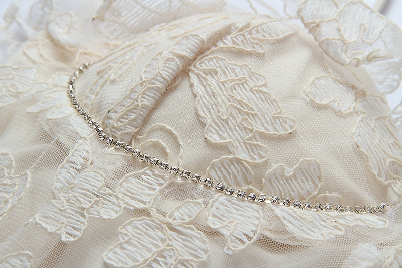Lace Crochet Ruffles Bodycon Midi Dress Summer Spaghetti Strap Pearl Beading Party Irregular Dresses Women Elegant