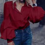 Woloong Women Tops and Blouses Stylish Autumn Lantern Sleeve Casual Solid Shirts Retro Loose Buttons Female Party Blusas