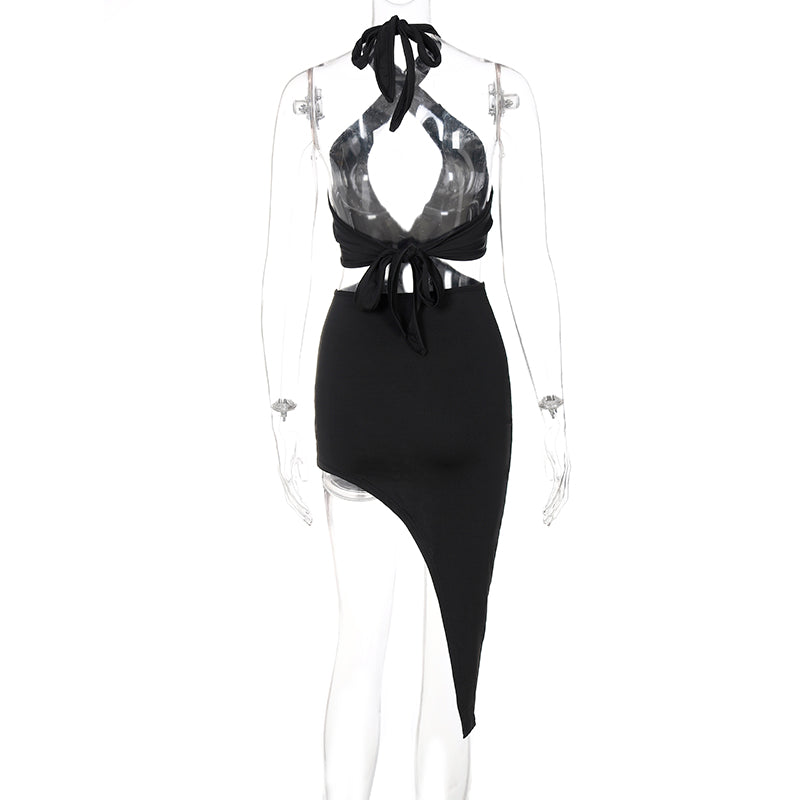 woloong Solid Sleeveless Hollow Out Halter Ruched Sexy Asymmetrical Mini Dress Summer Autumn Women Fashion Streetwear