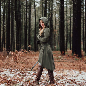 Womens Renaissance Archer cosplay Costumes Hooded Robe Lace Up Vintage Pullover Long Hoodie Dress Cloak Halloween LARP Party