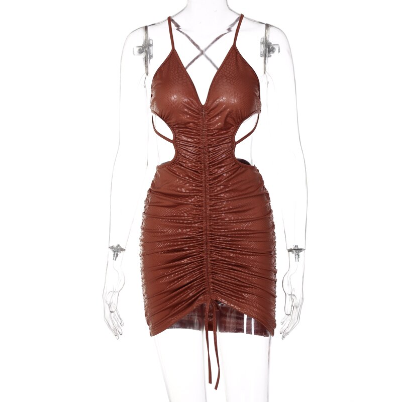 Solid Satin Sleeveless Backless Halter Slim Hollow Out Pleated Bodycon Sexy Mini Dress Fall Women Elegant Party