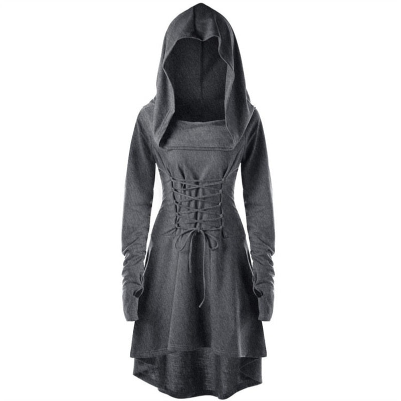 Womens Renaissance Archer cosplay Costumes Hooded Robe Lace Up Vintage Pullover Long Hoodie Dress Cloak Halloween LARP Party