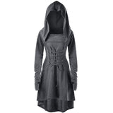 Womens Renaissance Archer cosplay Costumes Hooded Robe Lace Up Vintage Pullover Long Hoodie Dress Cloak Halloween LARP Party