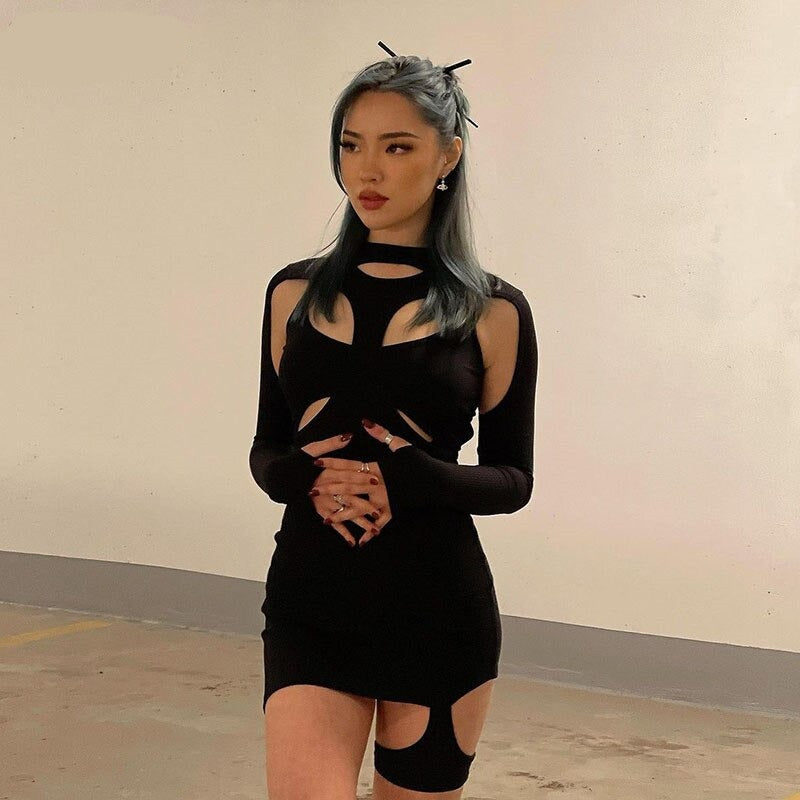 woloong Long Sleeve Hollow Out Sexy Mini Dress Summer Women Fashion Streetwear Outfits Y2K Chic Club Wear
