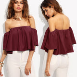 New Stylish Spring Summer Women Ladies Flare sleeve Off Shoulder Solid Tank shirts Crop Tops Cropped Pullovers Blouse Costume