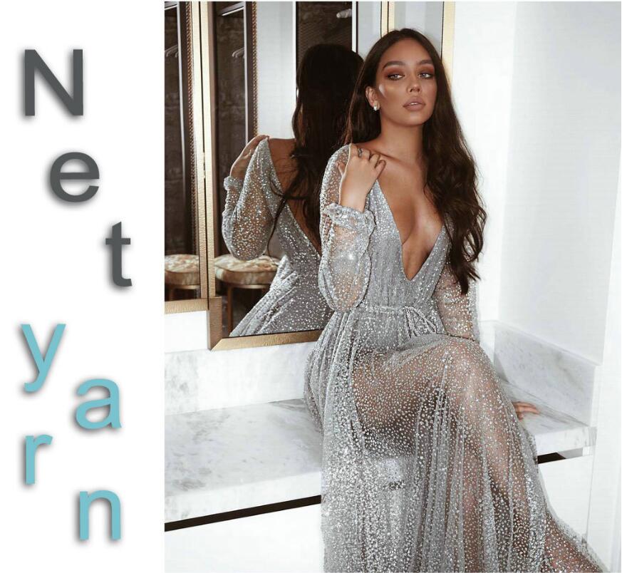 Silver Sexy Party Dress Hot Sequined Dress Women Mesh Overlay Maxi Dress Summer Backless Long Sleeve V-neck Dress Vestidos