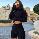 Woloong  Long Sleeve Zipper High Neck Elastic Sexy Crop Tops Shorts 2-Pieces Summer Autumn Women Fashion Casual Sports Sets