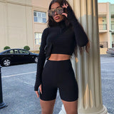 Woloong  Long Sleeve Zipper High Neck Elastic Sexy Crop Tops Shorts 2-Pieces Summer Autumn Women Fashion Casual Sports Sets