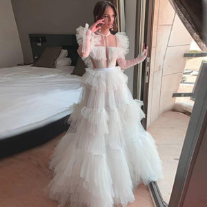 White Tulle Dress Long Sleeves Formal Party Dresses Puffy Ruffled Tulle A Line Gowns For Wedding Robe de soiree Custom Made